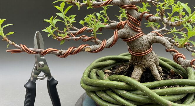 Bonsai Tree Wiring and Pruning with Professional Tools
A highly detailed close-up image capturing the intricate process of bonsai tree shaping and care - Powered by Adobe