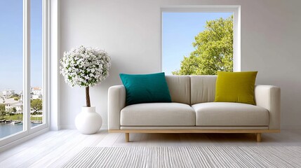 White couch with two pillows and a potted plant in front of a window. The couch is in a living room with a white wall and a white rug. The potted plant is a small tree with white flowers