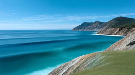 Beautiful ocean view with a mountain in the background. The water is calm and the sky is clear