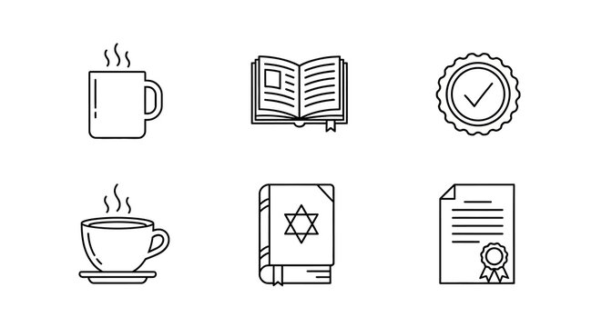 Minimalistic icons of coffee, books, and certified documents