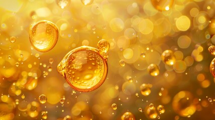 macro shot of golden oil skincare collagen bubbles, creating a luxurious and abstract pattern with a sense of fluid motion and organic beauty.
