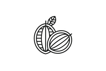 Isolated linear icon represents two halves of a durian with a small leaf