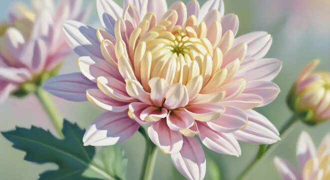 Closeup of a pink chrysanthemum flower with a blurred background of soft pastel colors. chrysanthemum painterly effect
