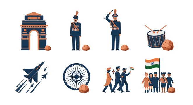 India republic day icons: soldiers, drum, airshow, flag, celebrating people