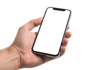 Human hand holding a modern smartphone with a blank white screen isolated on a transparent background