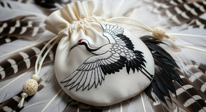 Elegant Silk Pouch with Embroidered Crane on a Bed of Feathers
A soft, close-up photograph featuring a luxurious, cream-colored silk drawstring pouch or kinchaku