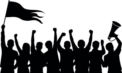 Silhouette of protesting crowd with raised fists and flag and megaphone