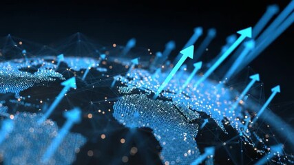 Digital Earth: Ascending arrows representing global growth in technology and finance.  Illuminated and interconnected, this image of the planet signifies innovation, progress, and interconnectedness. - Powered by Adobe