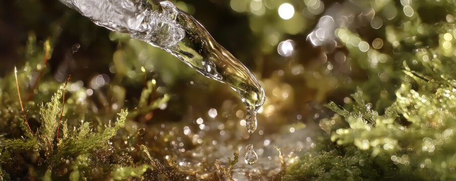 A close up of water dripping from a clear object onto green moss with blurred background outdoors