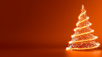 orange neon Christmas background with christmas tree and empty space for text