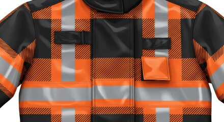 Close up view of heavy duty protective outerwear featuring a plaid pattern and reflective stripes