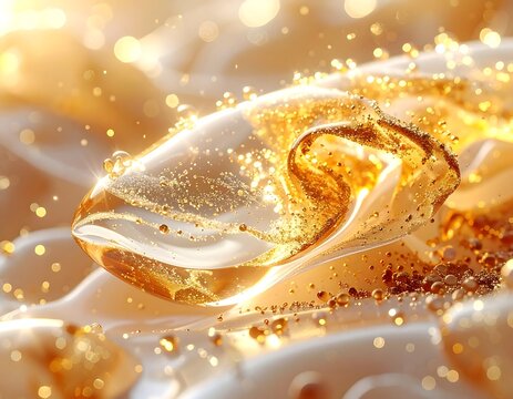 Close-up of a shimmering gold liquid with bubbles and abstract background