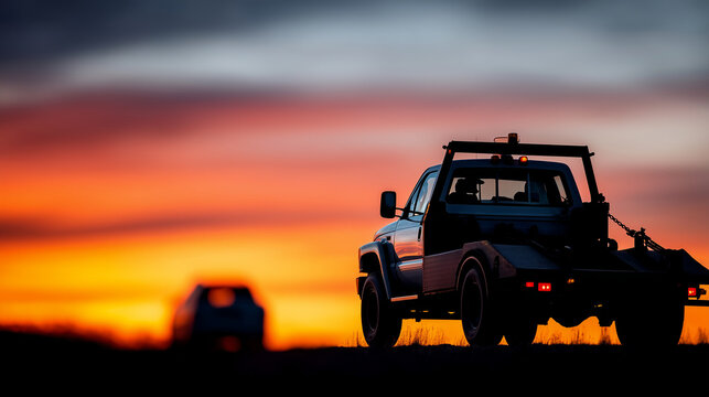 Faceless silhouette against sunset as a tow truck with an indistinct vehicle drives away, dreamy defocused horizon, with copy space