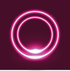 3d render, pink neon round frame, circle, ring shape, empty space, ultraviolet light, 80's retro style, fashion show stage, abstract background