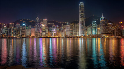 Nighttime cityscape of Victoria Harbour in Hong Kong, Asia.
