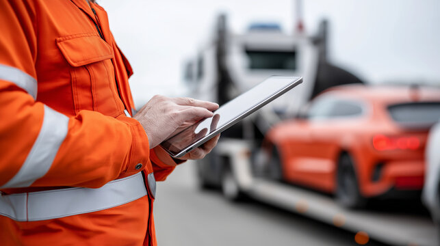Torso-only shot of a towing technician holding a tablet while the car on the truck is intentionally out of focus, with copy space