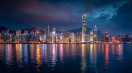 Nighttime cityscape of Victoria Harbour in Hong Kong, Asia.
