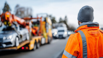 Over-the-shoulder faceless scene of a towing operator watching the car being loaded via winch, foreground crisp and background defocused, with copy space