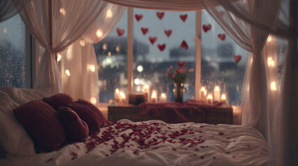 Romantic and Cozy Bedroom with Canopy Bed. Intimate Setting for Valentine's Day or Anniversary, Featuring Red Rose Petals, String Lights, Lit Candles, and Heart Decorations on a Rainy Window