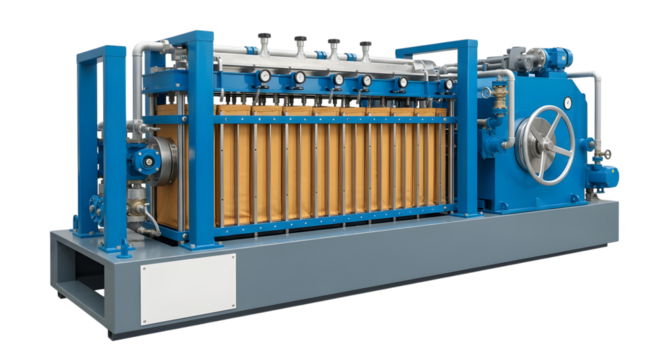 Industrial blue filter press machine with yellow filter cloths and pressure gauges isolated on a transparent background