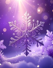 Close-up of a shimmering snowflake against a purple winter scene