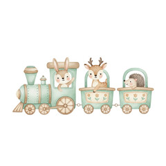Naklejka premium Watercolor Illustration of Animals on a Toy Train