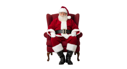 Jolly Santa Claus in Red Suit Sitting in a Plush Red Armchair isolated on a transparent background Christmas