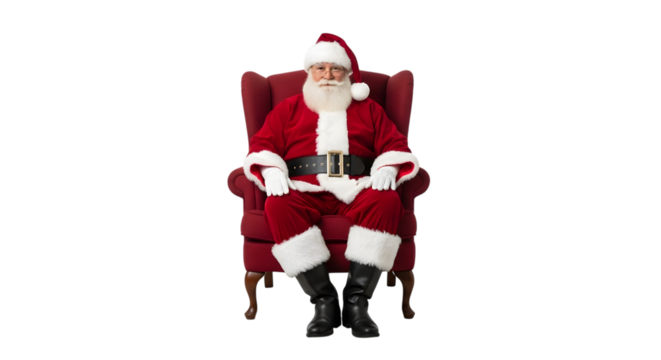 Jolly Santa Claus in Red Suit Sitting in a Plush Red Armchair isolated on a transparent background Christmas