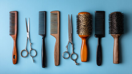 Combs and hairdressing tools arranged on a blue background, top view.
