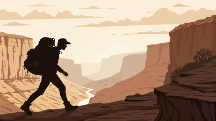 Adventurous solo hiker exploring the stunning vast canyon, a modern minimalist landscape art for travel, adventure, and outdoor lifestyle promotions