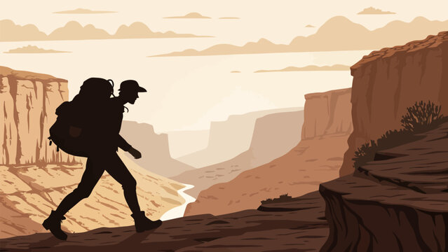 Adventurous solo hiker exploring the stunning vast canyon, a modern minimalist landscape art for travel, adventure, and outdoor lifestyle promotions