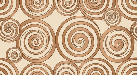 Seamless background pattern featuring repeating bronze spiral motifs on a cream colored canvas