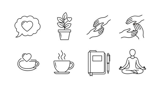 Minimalist line art icons of mindfulness and self-care with yoga, plants, and coffee