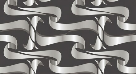 Seamless pattern design featuring elegant, looping silver metallic ribbons against a dark background