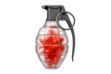 Glass grenade showing red smoke inside, symbolizing explosive conflict, war, and the delicate nature of peace. Transparent background