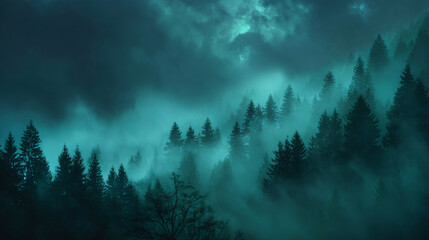 Dark green nighttime forest covered in mist and drifting clouds.
