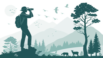 Explore the wilderness: Hiker with binoculars, majestic mountains, deer, and birds in flight. Perfect for travel, adventure, nature and outdoor themes
