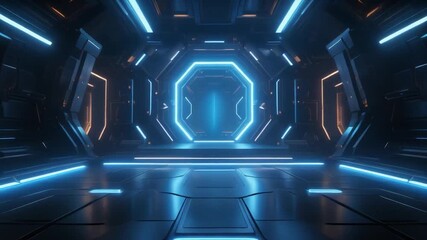 Interior futuristic spaceship corridor illuminated by neon blue lights - Powered by Adobe