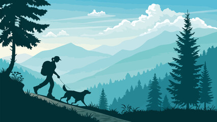 Woman hiking with her dog in a scenic mountain landscape, enjoying nature's beauty and a healthy outdoor lifestyle, perfect for adventure and travel themes