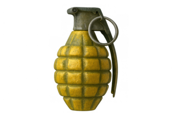 Hand grenade for military and army use, symbolizing war, violence, crime, and security. Transparent background