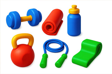 Collection of fitness equipment and accessories, including a kettlebell