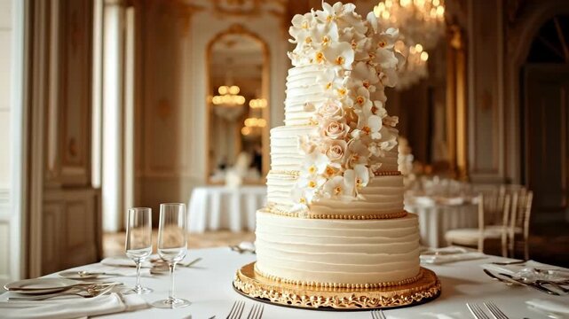 Elegant wedding cake with floral decorations in luxurious venue setting