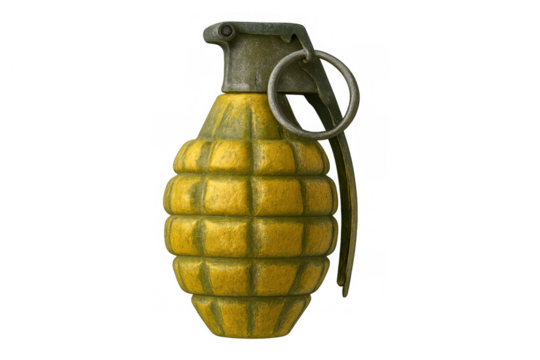 Hand grenade for military and army use, symbolizing war, violence, crime, and security. Transparent background