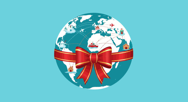 Festive globe with red bow celebrating global holiday traditions and travel