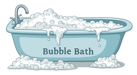 Relaxing bath tub overflowing with bubbles in blue tone design