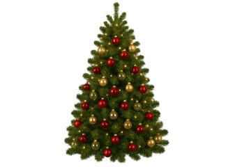Fototapeta premium Christmas tree decorating celebrations, adding twinkling lights and festive red and gold ornaments, transparent background