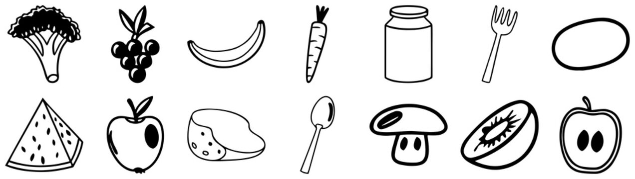 hand drawn fruits and vegetables doodle set with watermelon banana apple kiwi berries carrot broccoli mushroom potato jar spoon fork simple black outline food icons illustration