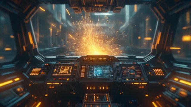 View from cockpit interior during intense exterior event with sparks