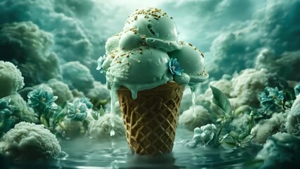 Dreamy floral ice cream fantasy in a cloudy landscape - Powered by Adobe