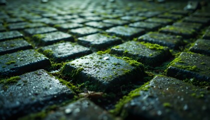 Wet Mossy Cobblestone Texture Close-Up